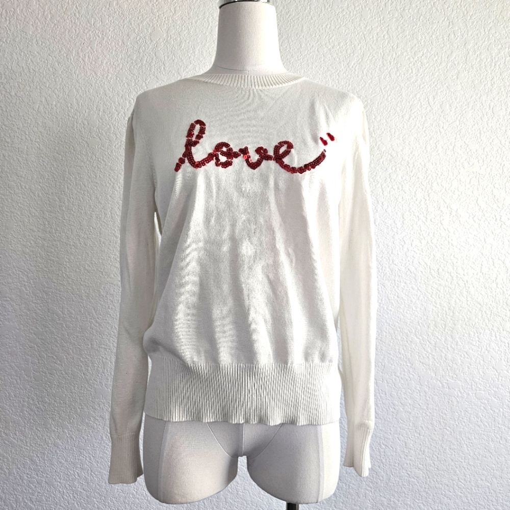 White Sweater with Red Love Sequin Detail by Marled Size M